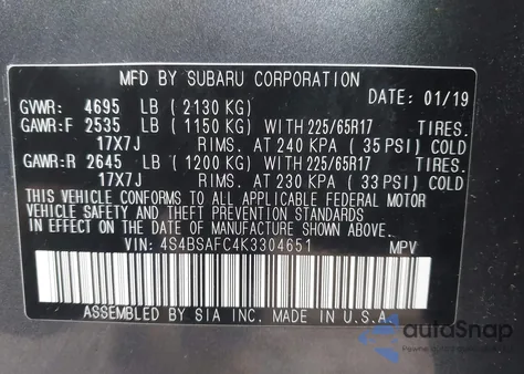 2019 Subaru Outback 2.5I Premium z USA, uszkodzony, nr VIN 4S4BSAFC4K3304651